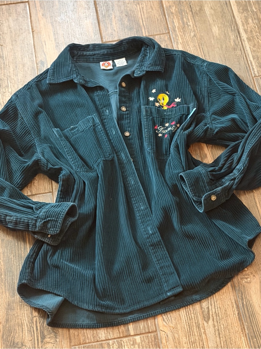 Vintage 90s Looney Tunes Tweety Bird Corduroy Button Up Shirt Women's XL